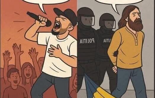 „Te iubesc, Românie, dar tu pe cine pedepsești?” Trăim într-o epocă a inversării valorilor. O lume în care obscenitatea este tratată ca libertate de expresie, iar dragostea curată pentru țară este considerată o amenințare. Imaginea de mai sus nu este doar un desen. Este o oglindă crudă a realității românești de azi. Pe stânga, un cântăreț urlă din toți plămânii, în fața unei mulțimi în delir: „Bag p**-n România!”. Nimeni nu intervine. Este „artă”, ni se spune. E „libertate de expresie”. Nimeni nu îl întreabă de ce scuipă în pământul care i-a dat o limbă, o istorie, un nume. Dimpotrivă: este aplaudat, invitat la festivaluri, difuzat pe posturi naționale, vândut în milioane de vizualizări. Pe dreapta, un bărbat simplu, cu o cămașă de in și un tricolor la picioare, rostește cu demnitate: „România, te iubesc!”. E înconjurat de forțele de ordine. E arestat. Pentru ce? Pentru că a ieșit în stradă cu inima curată și conștiința vie? Pentru că a refuzat să tacă atunci când țara lui era batjocorită? Această imagine este mai mult decât un desen: este o acuzație. „Un popor care nu-și respectă valorile, cultura și trecutul nu are viitor.” – Mihai Eminescu Astăzi, ni se spune că patriotismul este naționalism toxic, că identitatea e un moft retrograd, că tricolorul este „doar o cârpă”. Dar aceiași care spun asta stau sub protecția statului, profită de sistem și se hrănesc din rădăcinile unei țări pe care o disprețuiesc. Mai mult: sunt ridicați în slăvi de o societate dezorientată, lipsită de repere. În schimb, oamenii care iubesc cu adevărat România – nu prin lozinci, ci prin viața lor, prin fapte, prin simplitate și jertfă – sunt marginalizați, umiliți sau chiar eliminați din spațiul public. Iar noi, majoritatea tăcută, ne uităm. Unii cu resemnare, alții cu teamă, prea puțini cu curaj. „Libertatea este dreptul de a spune oamenilor ceea ce nu vor să audă.” – George Orwell Când ai ajuns să fii arestat pentru că spui „Te iubesc, Românie!”, înseamnă că am trecut de mult granița normalului. Înseamnă că trăim într-un regim care nu mai suportă adevărul. Care tolerează orice, în afară de verticalitate. Care preferă vulgaritatea, pentru că aceasta nu cere responsabilitate, nu ridică întrebări, nu scoate oamenii din letargie. „Națiunile nu pier pentru că sunt atacate din afară, ci pentru că se sinucid spiritual.” – Petre Țuțea Aceasta este sinuciderea spirituală pe care o trăim. În care cei care își bat joc de România sunt considerați „artiști”, iar cei care o apără sunt declarați „extremiști”. În care a înjura țara ta este cool, dar a o iubi e suspect. România nu are nevoie de mai mulți consumatori, ci de mărturisitori. Oameni care, în ciuda batjocurii, în ciuda fricii, în ciuda represiunii, spun: „România, te iubesc!” și o spun cu toată ființa lor. „A iubi patria ta nu este un merit, este un imperativ moral.” – Nichifor Crainic Și poate că nu ne mai putem permite luxul tăcerii. Poate că a venit vremea să ne întrebăm, nu doar retoric: Pe cine alegem să susținem? Pe cei care distrug sau pe cei care construiesc? Pe cei care înjură sau pe cei care iubesc? Adevărata libertate nu e aceea de a scuipa în tricolor, ci aceea de a-l purta în suflet, chiar și atunci când îți e smuls de pe umeri. Andrei Teutișan